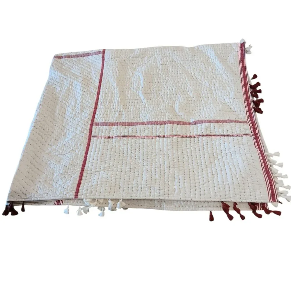 Pottery Barn Nellie Pick Stitch Red & Cream Reversible King Quilt & 2 Shams